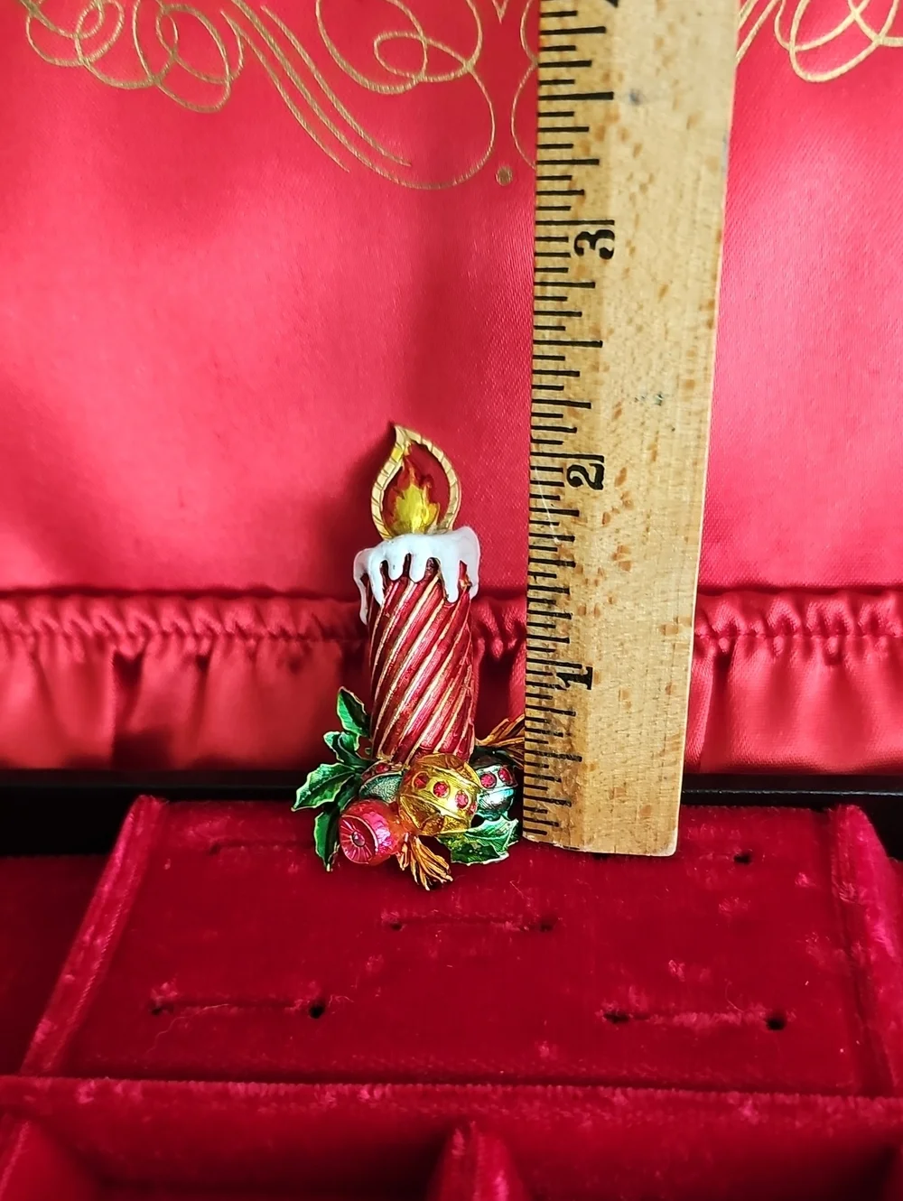 Festive St. Labre Red Candle Brooch with Green Holly Accents